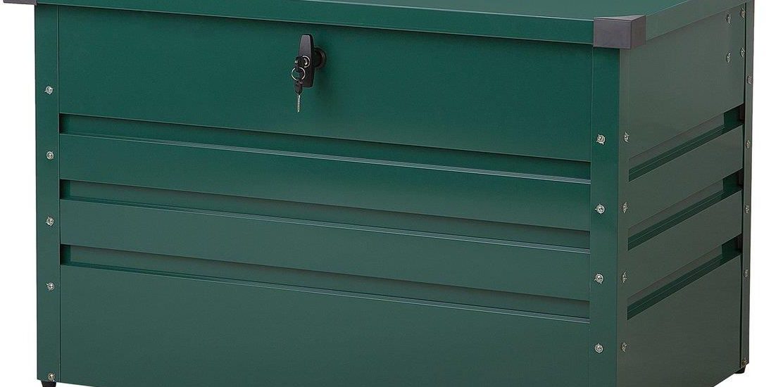 Beliani Skrzynia ogrodowa zielona stalowa zamykana na klucz na poduszki 300 l Cebrosa