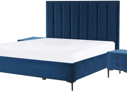 Beliani Zestaw do sypialni welur niebieski łóżko z pojemnikiem 140 x 200 cm 2 szafki nocne Sezanne