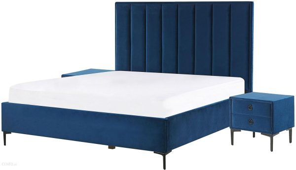 Beliani Zestaw do sypialni welur niebieski łóżko z pojemnikiem 140 x 200 cm 2 szafki nocne Sezanne