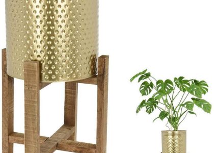 Doniczka Metalowa Złota Na Drewnianym Stojaku Kwietnik Osłonka Na Rośliny Kwiaty 50cm