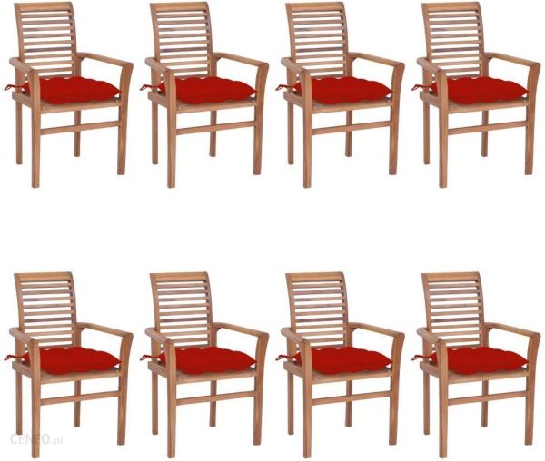 Krzesła Stołowe Z Czerwonymi Poduszkami 8 Szt. Drewno Tekowe