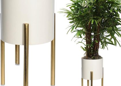Osłonka Doniczka Metalowa Kremowa Złota Na Stojaku 30X16cm Na Rośliny Kwiaty