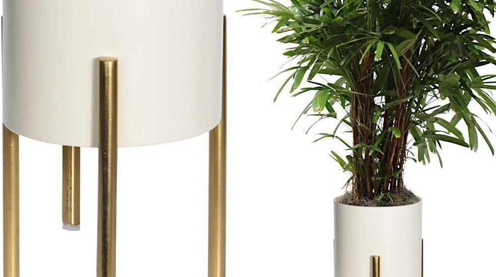 Osłonka Doniczka Metalowa Kremowa Złota Na Stojaku 30X16cm Na Rośliny Kwiaty