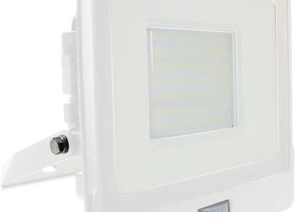 V Tac Naświetlacz Led 50W 4000Lm 4000K Ip65 Biały Z Mufą, Czujnikiem Ruchu I Funkcją Cut Off Samsung Chip Vt 158S W (3800157661362)